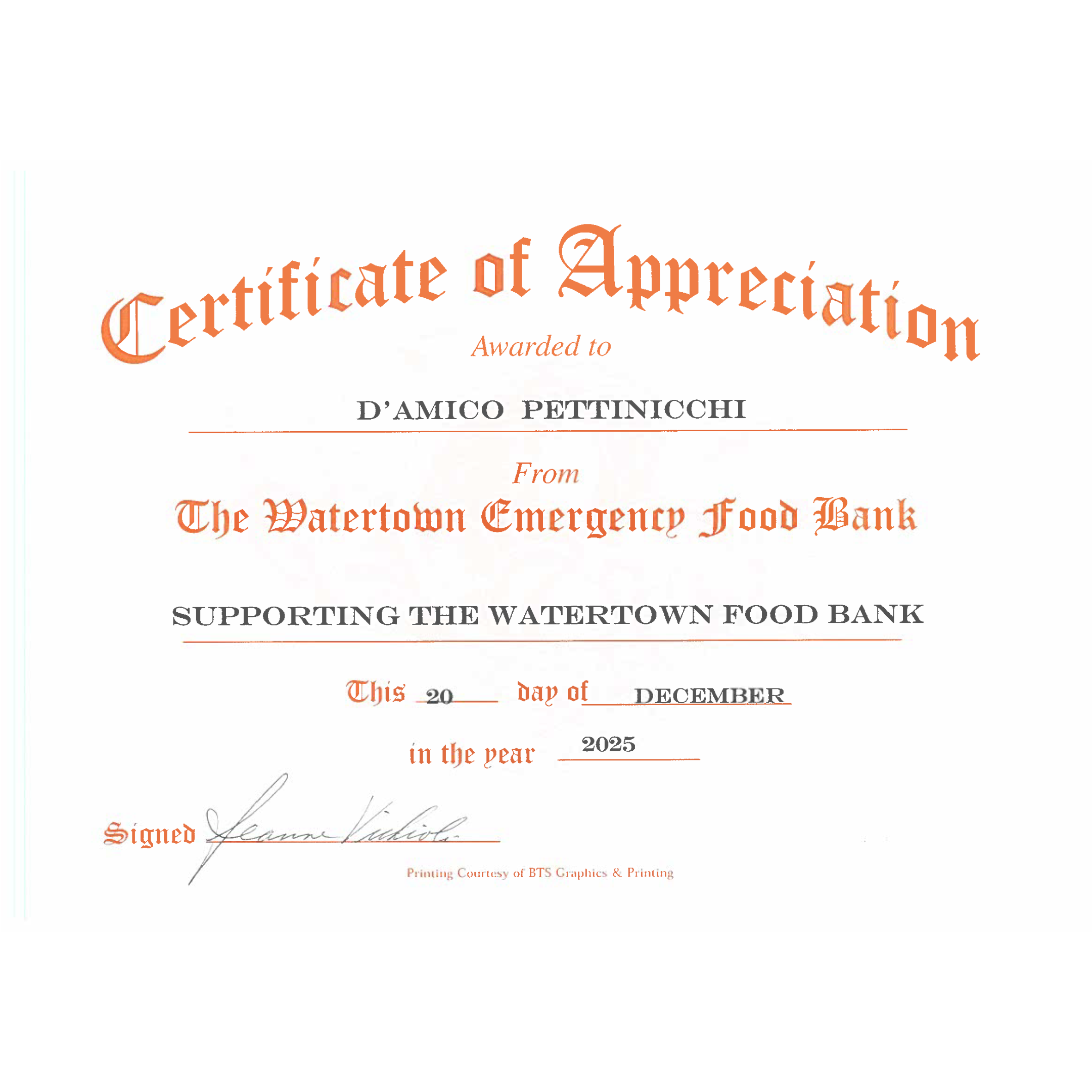 Certificate of Appreciation awarded to D’Amico Pettinicchi Injury Lawyers by the Watertown Emergency Food Bank in recognition of supporting the Watertown Food Bank during the 2025 holiday season.