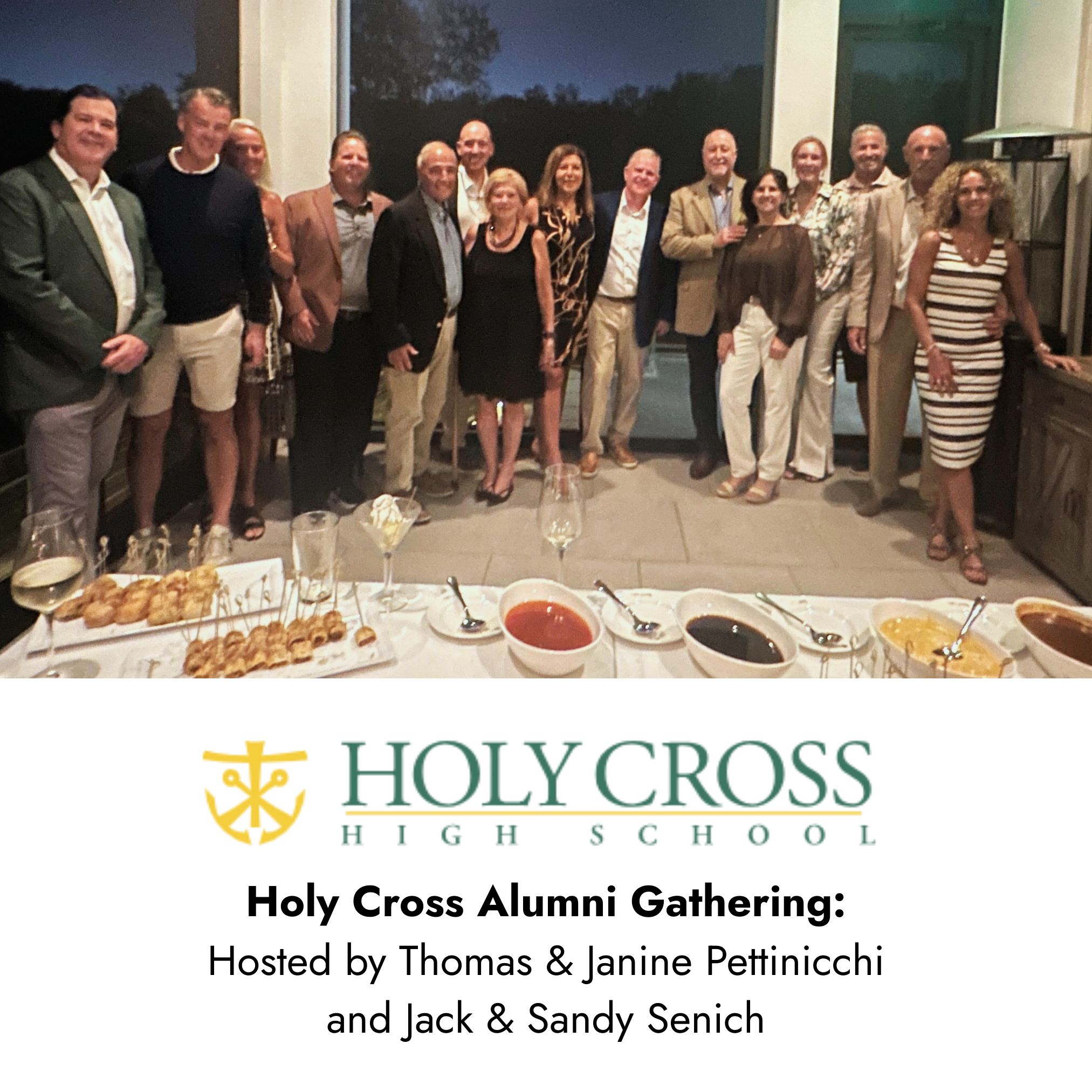 Group photo of Holy Cross High School alumni and community members at an alumni gathering hosted by Thomas and Janine Pettinicchi and Jack and Sandy Senich.