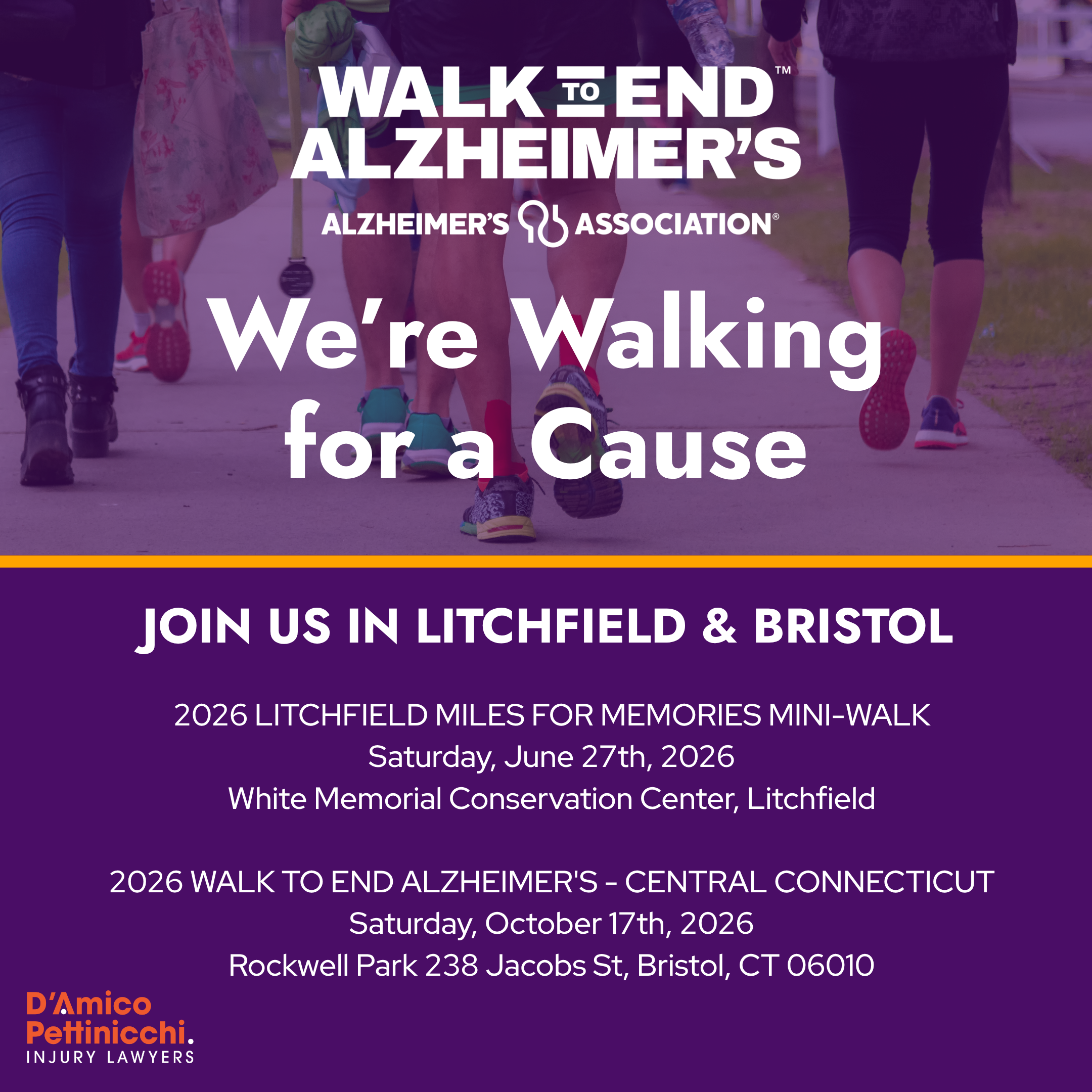 Walk to End Alzheimer's promotional graphic featuring the 2026 Miles for Memories Mini-Walk in Litchfield and the 2026 Walk to End Alzheimer's Central Connecticut event in Bristol.