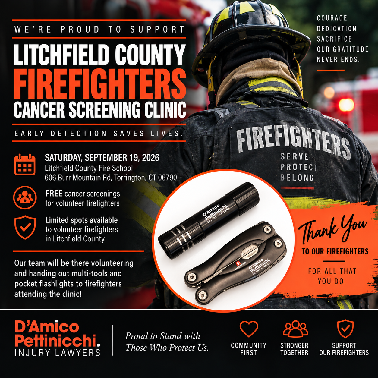Litchfield County Firefighters Cancer Screening Clinic 2026 supported by D’Amico Pettinicchi Injury Lawyers